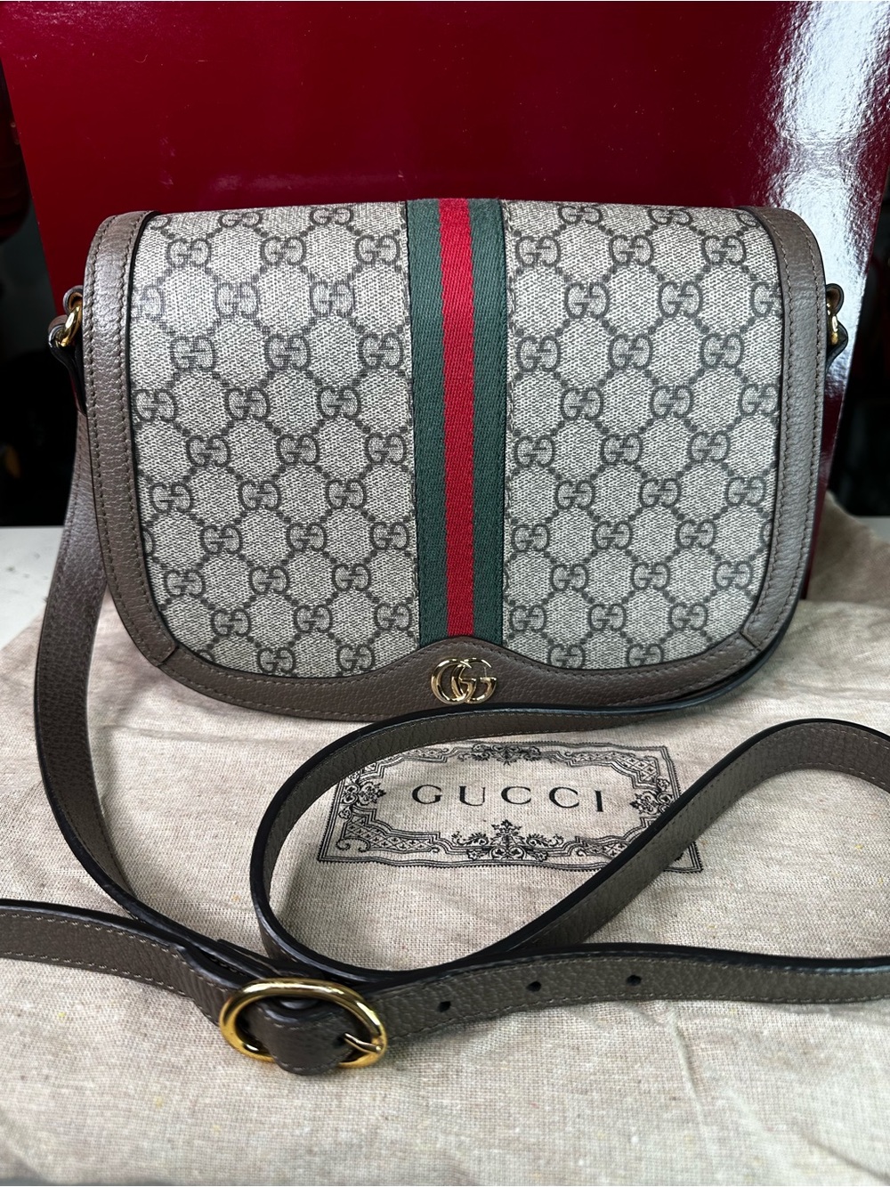 Gucci Beige GG Supreme Crossbody with Green-Red Web and Brown Trim